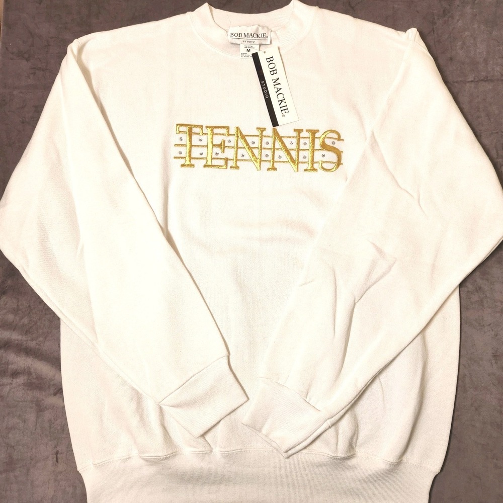 Bob Mackie Studio White Tennis Sweatshirt Gold Embroidery Rhinestones NWT M